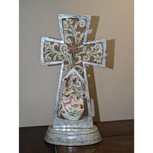 Vintage St. Nicholas Square Nativity Scene Cross Christmas Tabletop Decor 11.5"